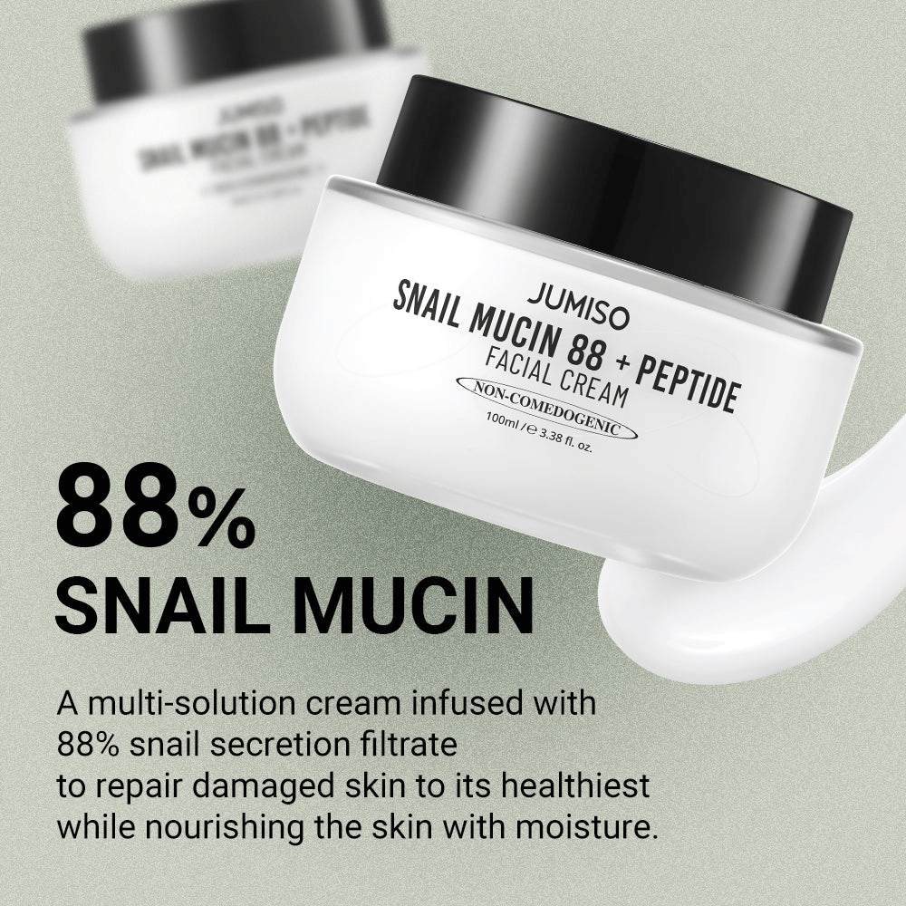 JUMISO Snail Mucin 88 + Peptide Facial Cream with 88% snail secretion filtrate, designed to repair damaged skin and deeply moisturize. Text on the image describes its restorative and moisturizing properties.