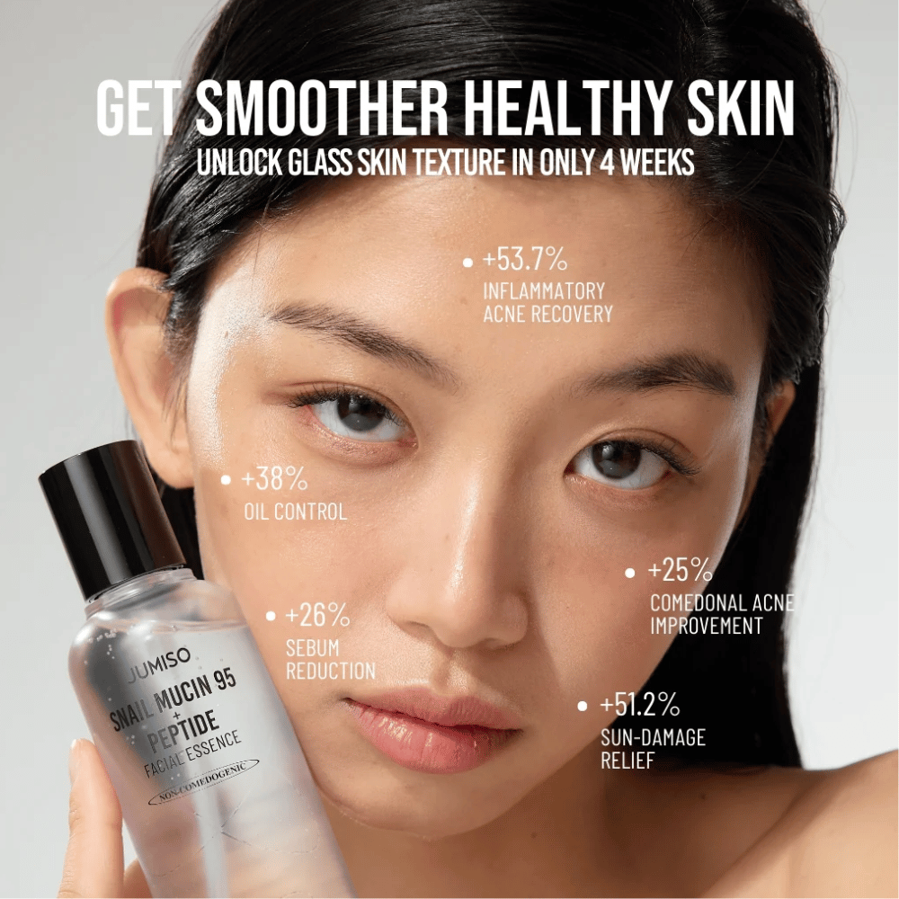 Woman with an even skin tone holding Jumiso Snail Mucin 95 + Peptide Facial Essence. The text shows improvements such as reduced acne, less oil, and increased skin recovery.