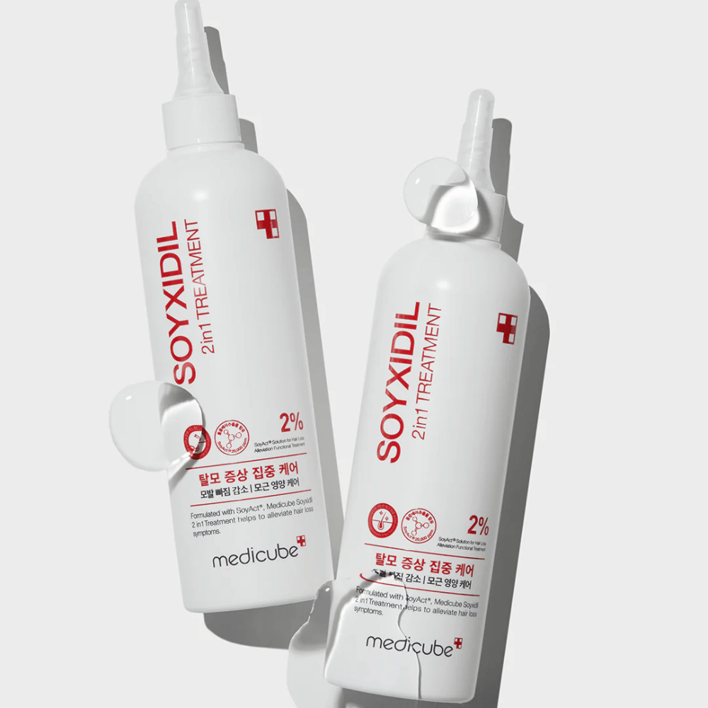 Two bottles of Medicube Soyxidil 2in1 Treatment with clear text “2% SoyAct™ Solution”. Nourishing treatment against hair loss and dry scalp.