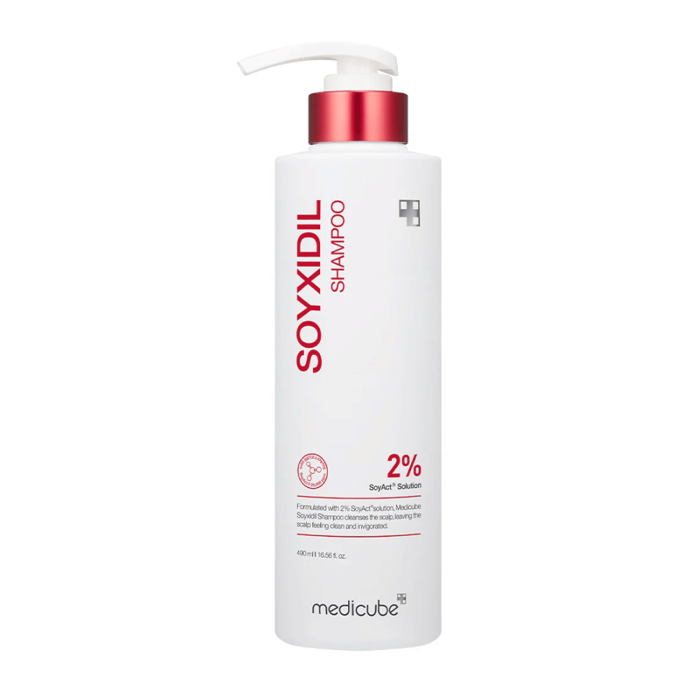 Product image of Medicube Soyxidil Shampoo in a white bottle with a red pump – contains 2% SoyAct™ Solution for stronger hair and reduced hair loss.