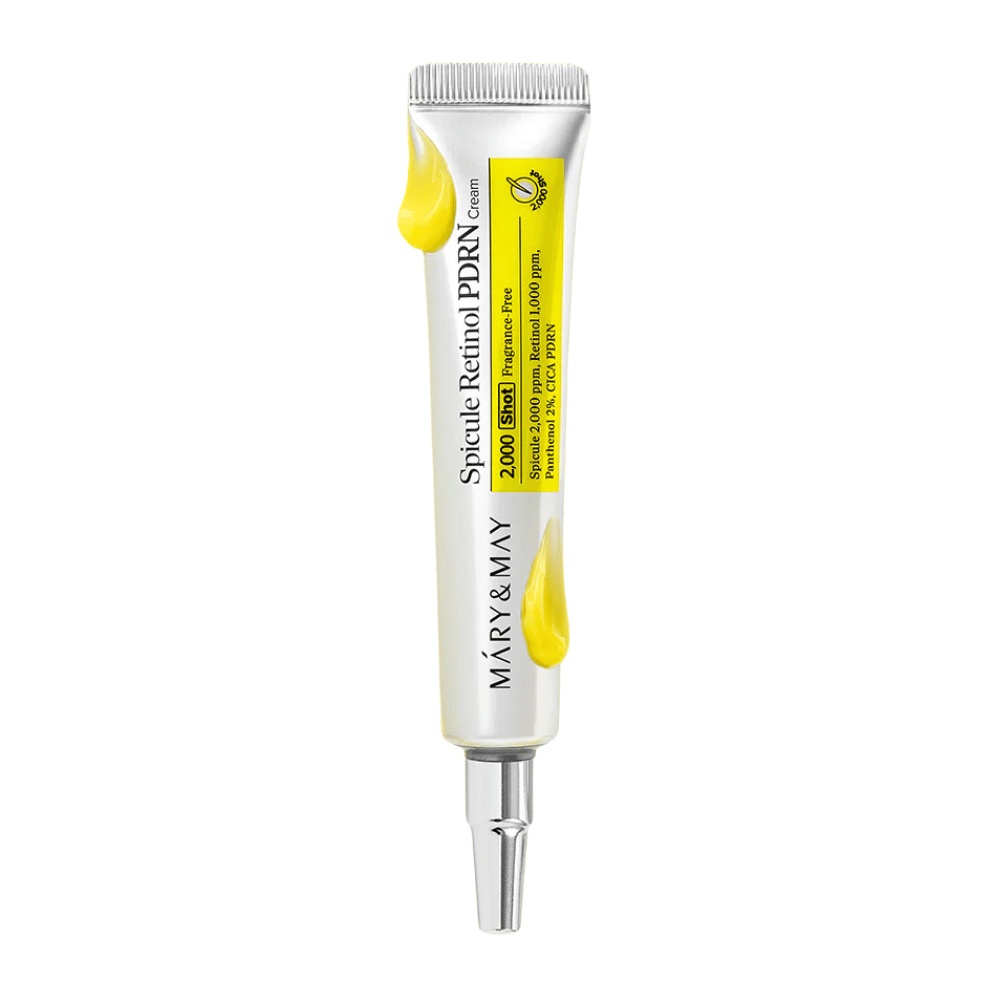 Product image of MARY & MAY Spicule Retinol PDRN Cream in a tube on a white background, an active face cream with retinol and PDRN suitable for mature and uneven skin.