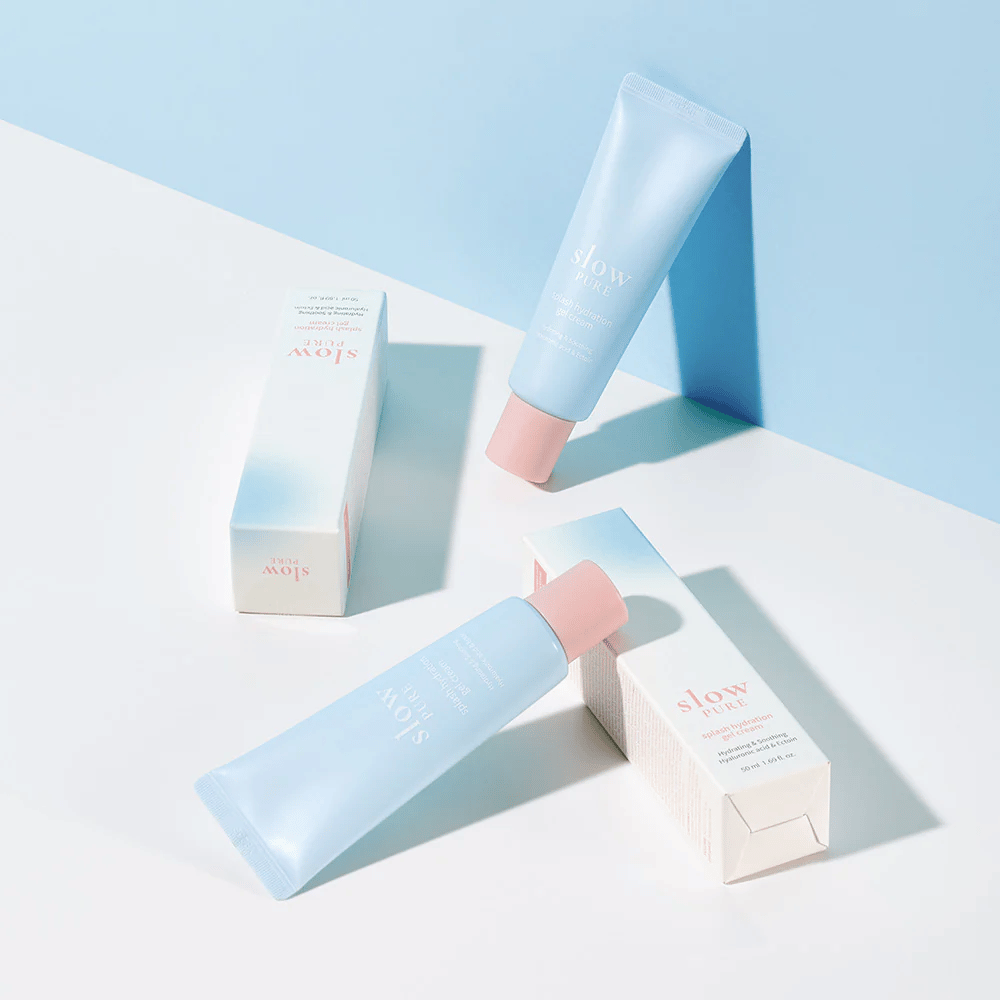 Several Slow Pure Splash Hydration Gel Cream tubes with packaging in light blue and white tones.