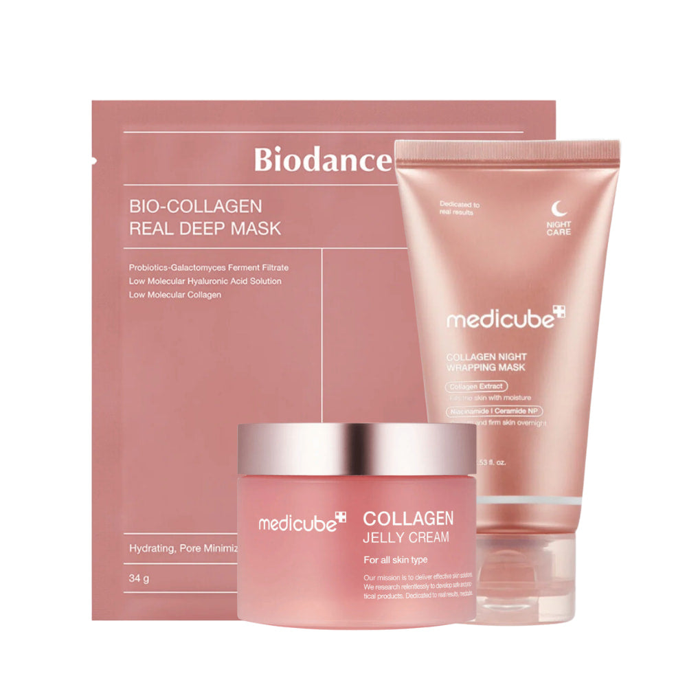 The product set "Sweet Dreams Skincare" from Medicube, designed to enhance skin firmness and radiance overnight. It includes "Collagen Jelly Cream", "Collagen Night Wrapping Mask", and "Bio-Collagen Real Deep Mask". These products are enriched with collagen, probiotics, and hyaluronic acid, intended to hydrate and minimize pores, providing soft and supple skin.