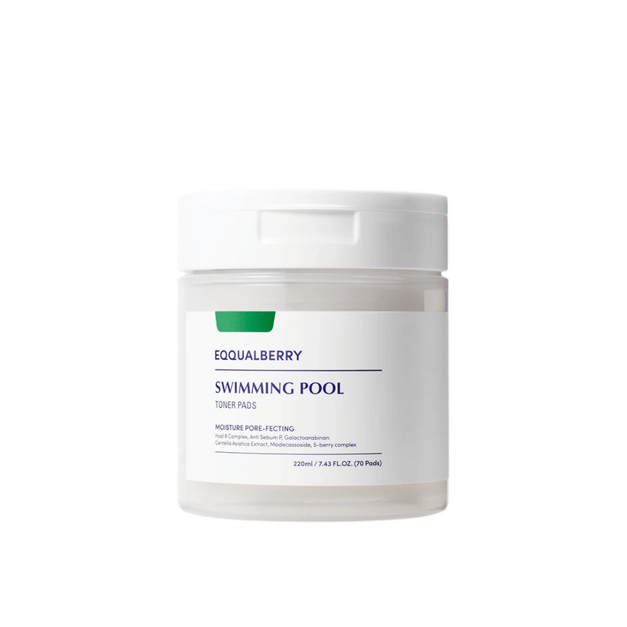 Produktbild av Equalberry Swimming Pool Toner Pads – 70 återfuktande och porförfinande pads med veganska ingredienser för en fräsch och balanserad hud.