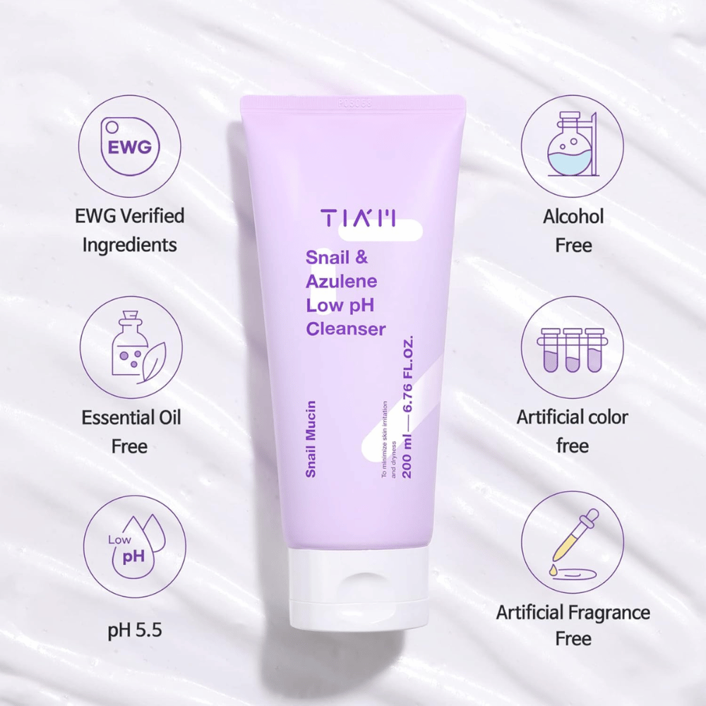 TIA'M Snail & Azulene Low pH Cleanser displayed with symbols for EWG-verified ingredients, low pH level, and that the product is free from alcohol, fragrance, dyes, and essential oils.