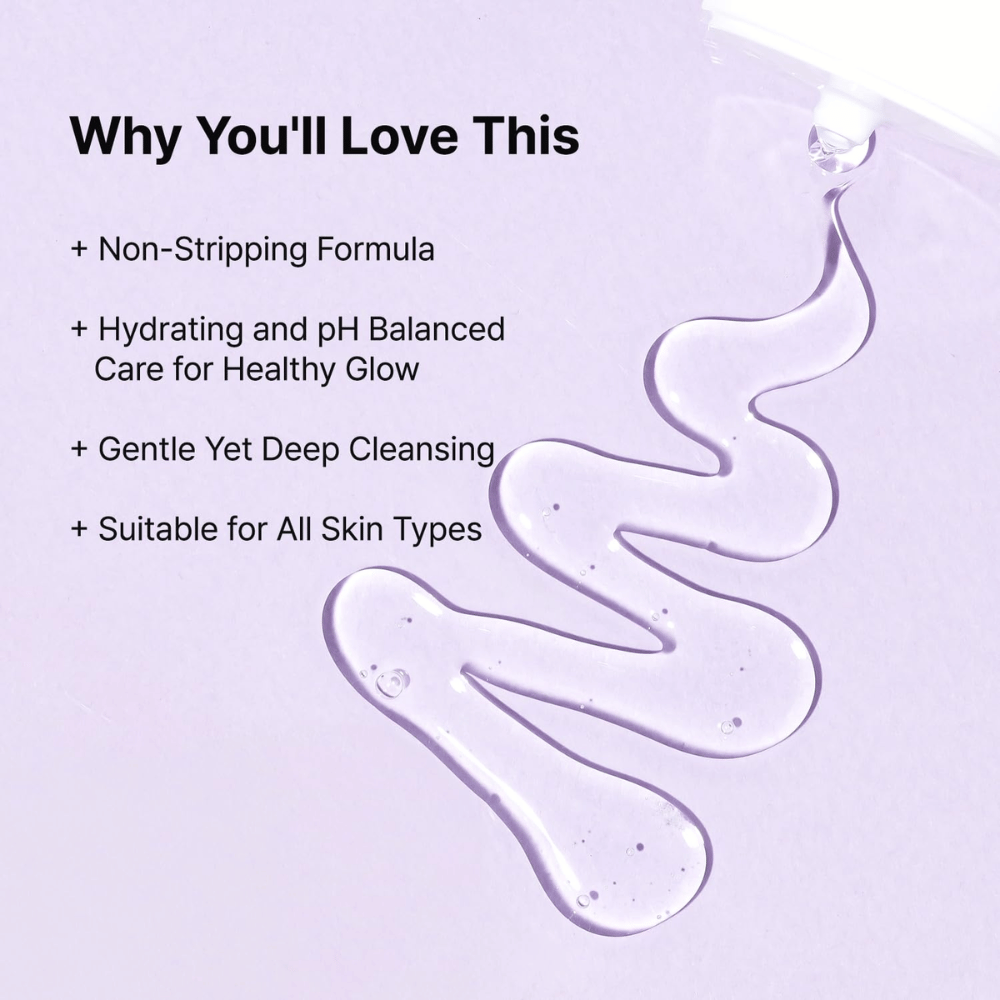 Transparent gel texture of TIA'M Snail & Azulene Low pH Cleanser, with text highlighting its moisturizing, pH-balanced, and gentle cleansing benefits for all skin types.