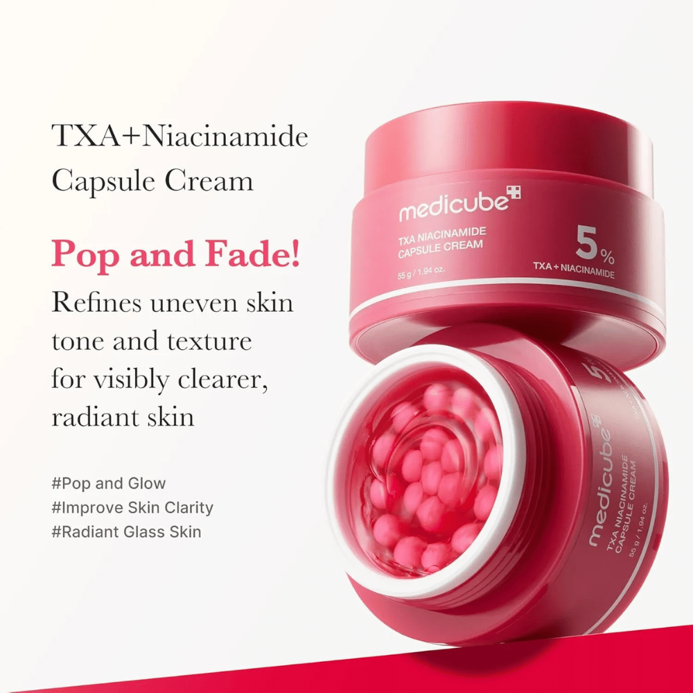 Medicube TXA Niacinamide Capsule Cream with text about skin tone evening and radiance, showing an open jar with pink capsules and the product's packaging beside it.