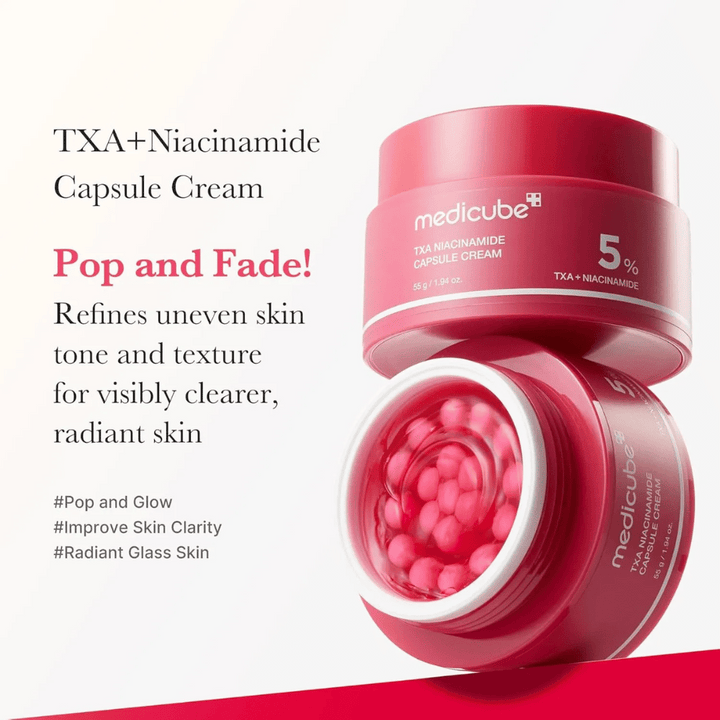 Medicube TXA Niacinamide Capsule Cream with text about skin tone evening and radiance, showing an open jar with pink capsules and the product's packaging beside it.