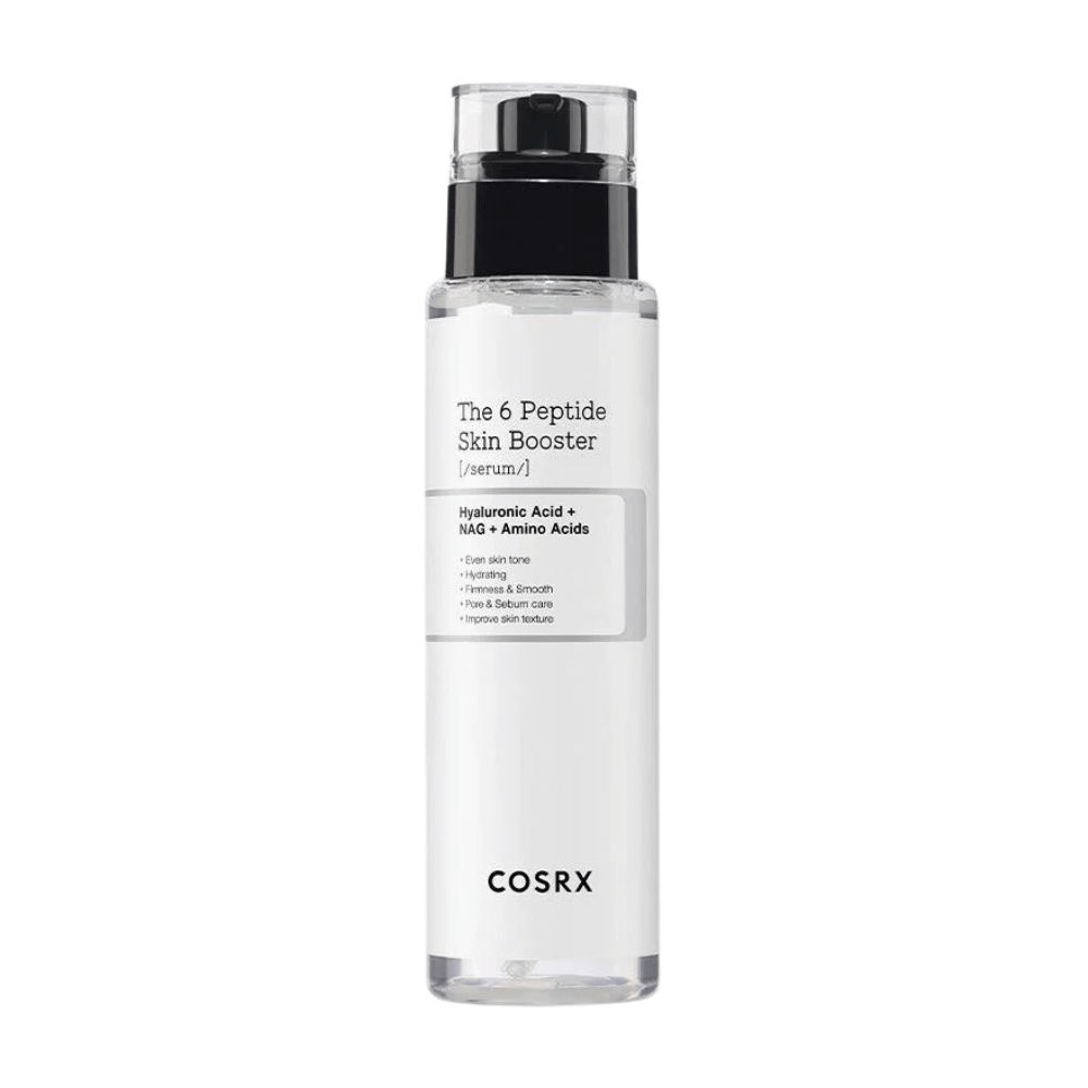 Bottle of skincare serum "The 6 Peptide Skin Booster" with hyaluronic acid and amino acids from COSRX.