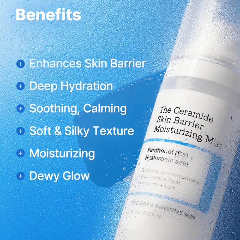 COSRX Ceramide Skin Barrier Mist – provides deep hydration, soothes the skin, and gives a soft, silky finish.