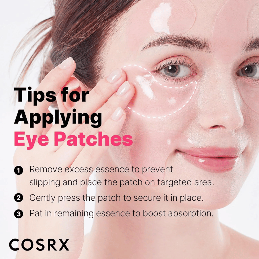 Tips for applying COSRX Peptide Collagen Eye Patch – press firmly, remove excess essence, and pat in the remainder.