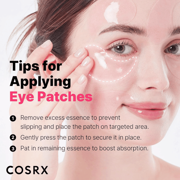Tips for applying COSRX Peptide Collagen Eye Patch – press firmly, remove excess essence, and pat in the remainder.