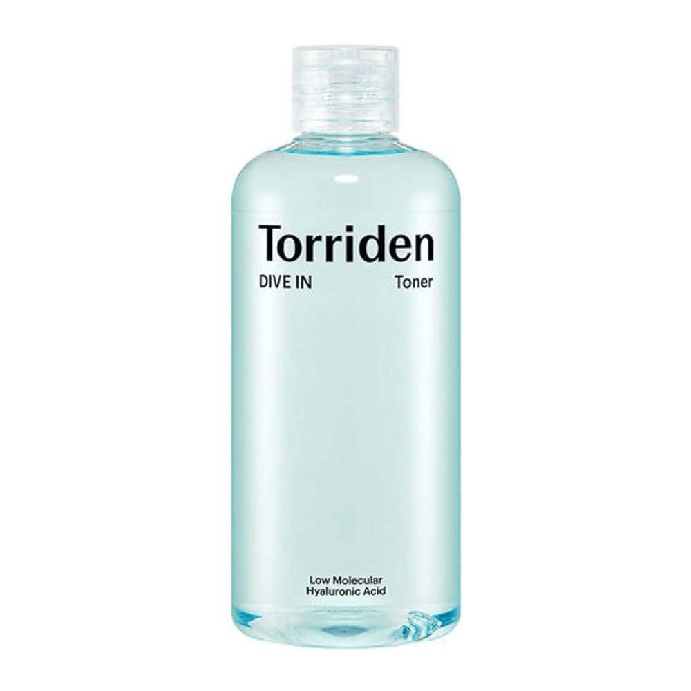 A bottle Torriden DIVE-IN Low Molecule Hyaluronic Acid Toner 300ml, displayed against an untouched white background.