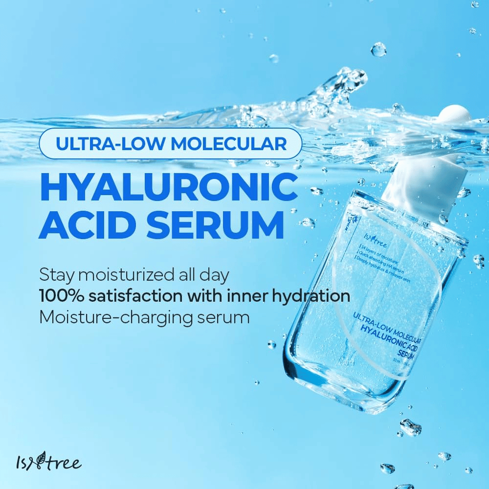 Isntree Ultra-Low Molecular Hyaluronic Acid Serum in a water environment, moisturizing hyaluronic acid serum that provides plumped skin, increased radiance, and long-lasting moisture balance.