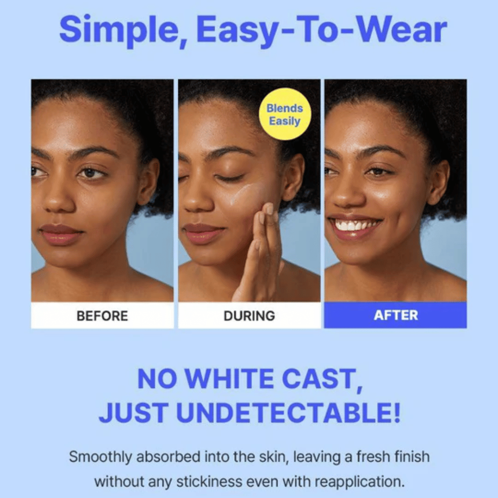 Before, during, and after images of a woman applying sunscreen; the product blends easily without leaving any white cast and provides a natural finish.