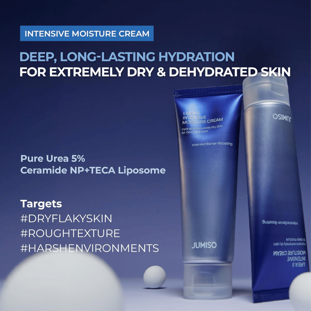 Marketing image presenting the cream as an intensive moisturizing solution for extremely dry and dehydrated skin. The image highlights the key ingredients 5% urea, Ceramide NP, and TECA Liposome, and recommends the product for dry, flaky skin, rough skin texture, and stress from dry environments.