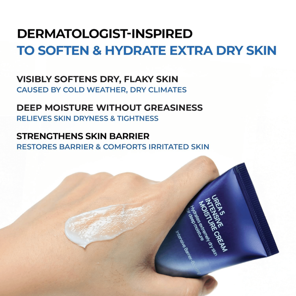 Informational image highlighting the main benefits of Jumiso Urea 5 Intensive Moisture Cream. The cream is described as dermatologically inspired for very dry skin and helps soften flaky skin, provide deep moisturization without feeling greasy, and strengthen the skin barrier. A hand shows the product’s creamy texture on the skin.