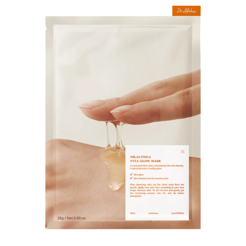 Packaging of Dr. Althea Vita Glow Mask showing the essence of the mask. Moisturizing Sheet mask for radiance and even skin tone, gentle even for sensitive skin.