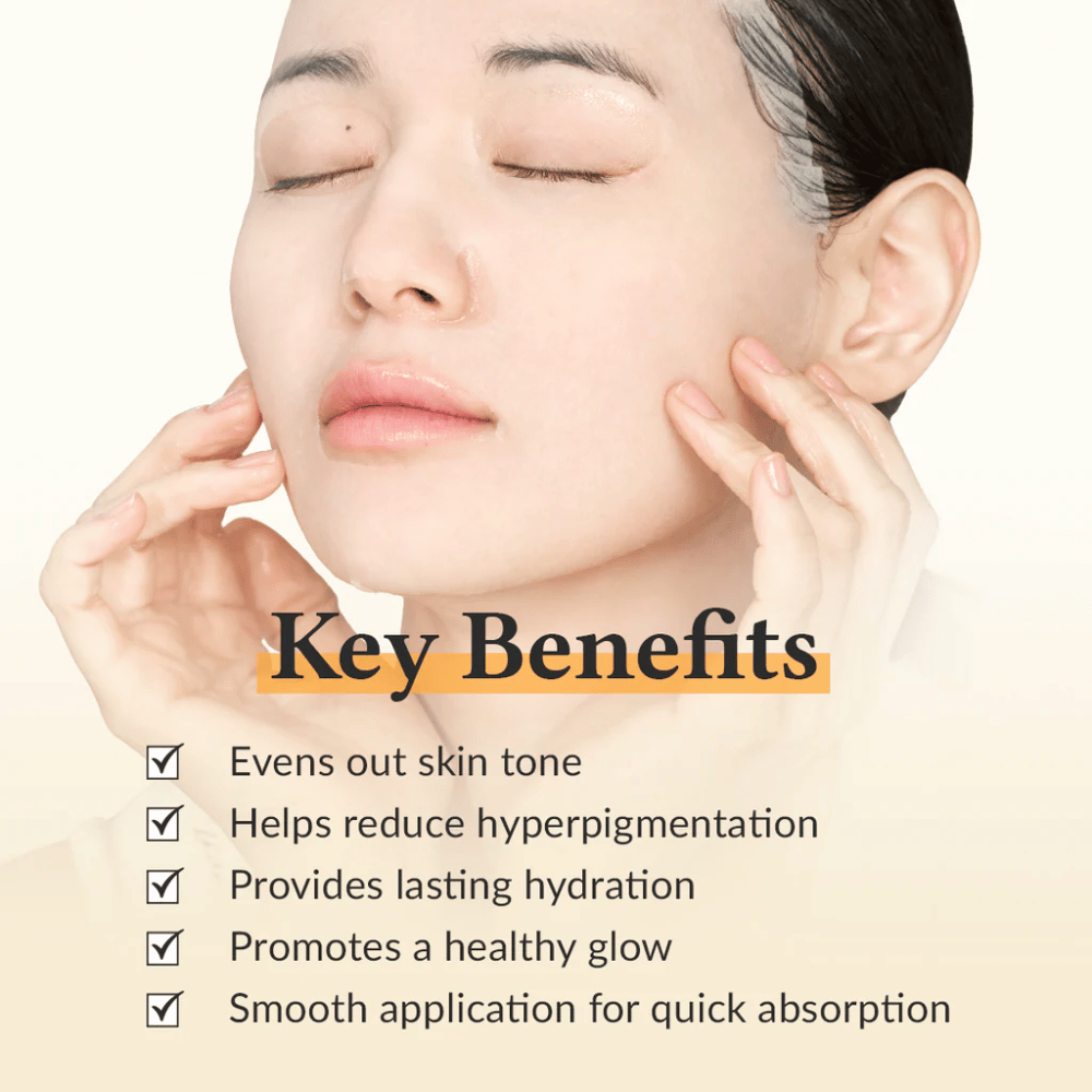 Woman applying Dr. Althea Vita Glow Mask with eyes closed. The image shows the product's Benefits: smoother skin tone, reduced hyperpigmentation, and long-lasting hydration.