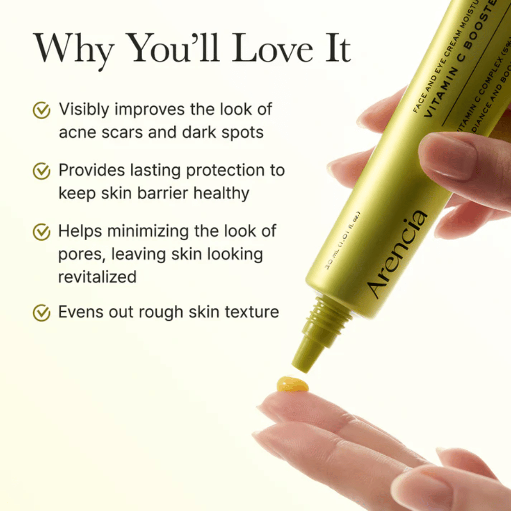 Arencia Vitamin C Booster Shot benefits – vitamin C serum that improves acne scars and dark spots, strengthens the skin barrier, minimizes pores, and evens out skin texture