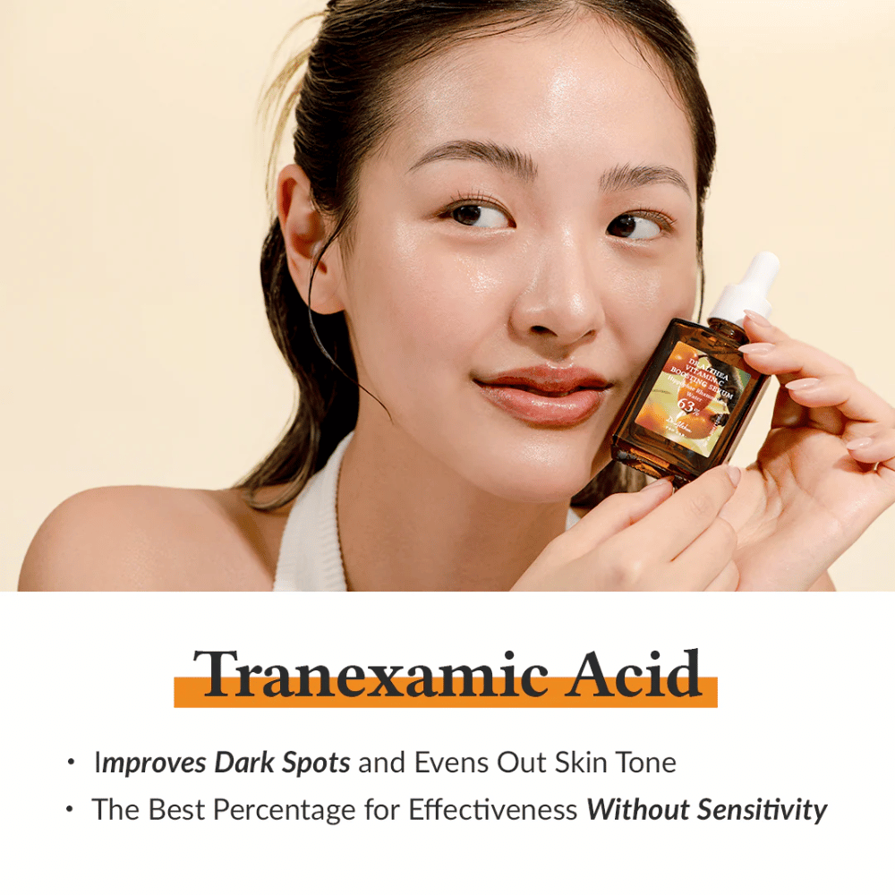 This image shows a product containing tranexamic acid, known for improving dark spots and evening out skin tone. The product offers an effective concentration that is gentle and minimizes the risk of skin irritation.