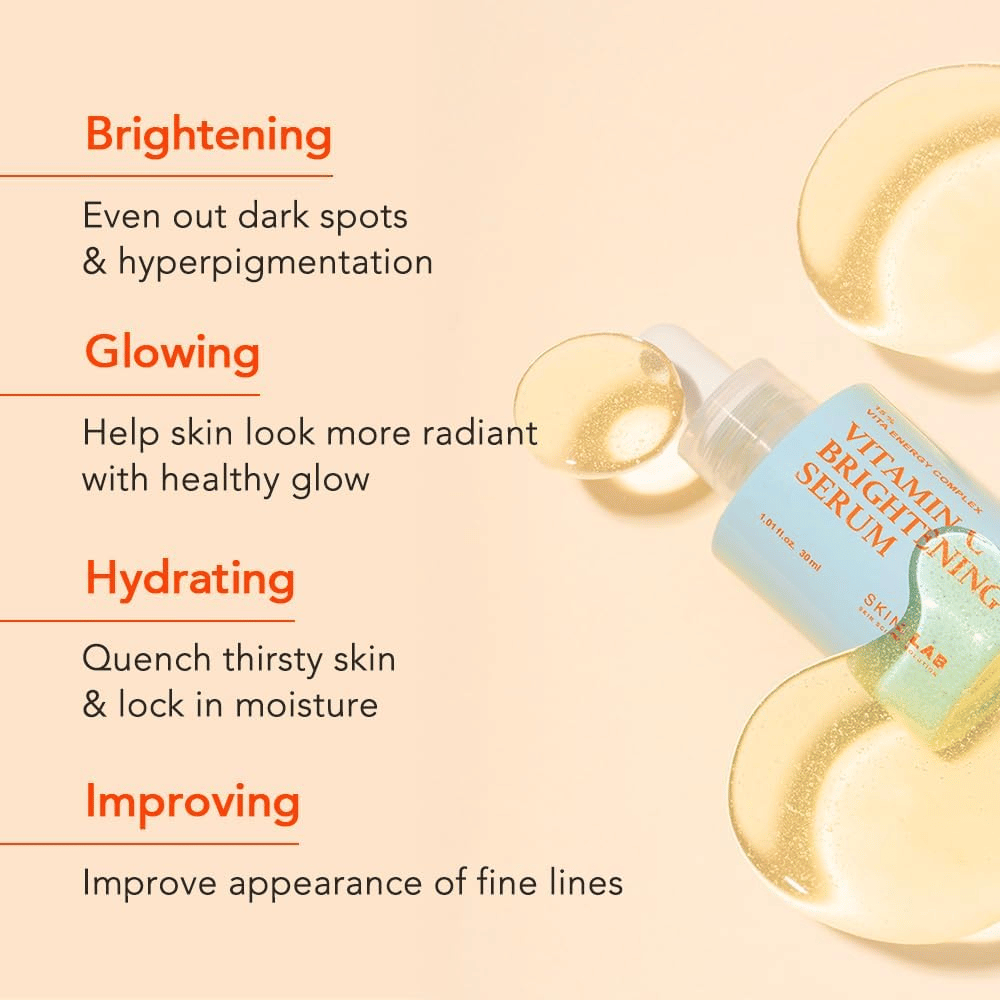 Skin&Lab Vitamin C Brightening Serum improves skin tone and texture by reducing dark spots and hyperpigmentation. It moisturizes, gives a healthy glow, and enhances skin elasticity. Perfect for giving the skin a radiant and even appearance.