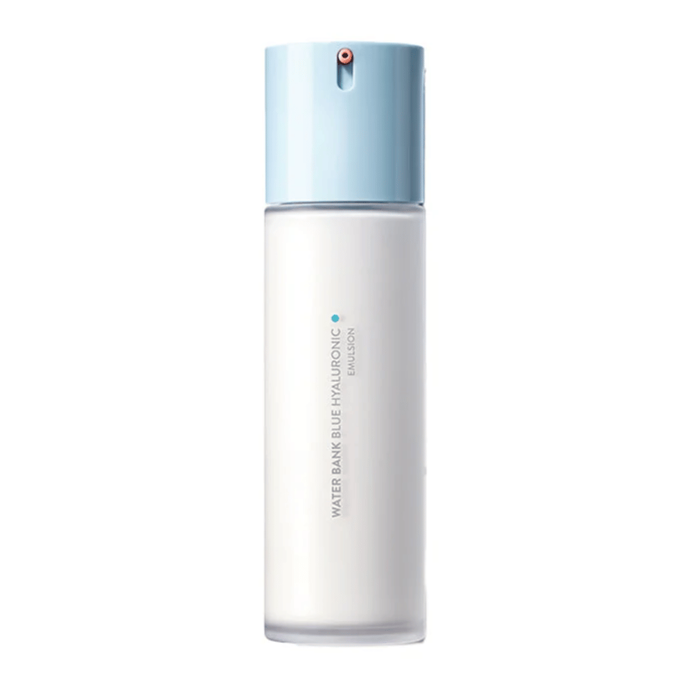 LANEIGE Water Bank Blue Hyaluronic Emulsion in white bottle with light blue pump and minimalist design, isolated against white background.