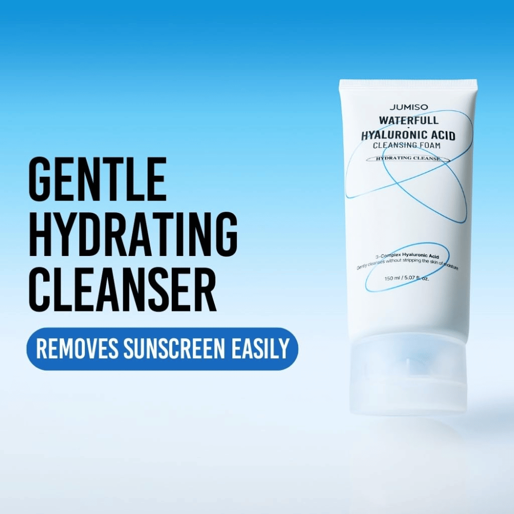 Product image of Jumiso Waterfull Hyaluronic Acid Cleansing Foam against a blue background. The focus is on a gentle and moisturizing face wash that effectively removes sunscreen and daily impurities.
