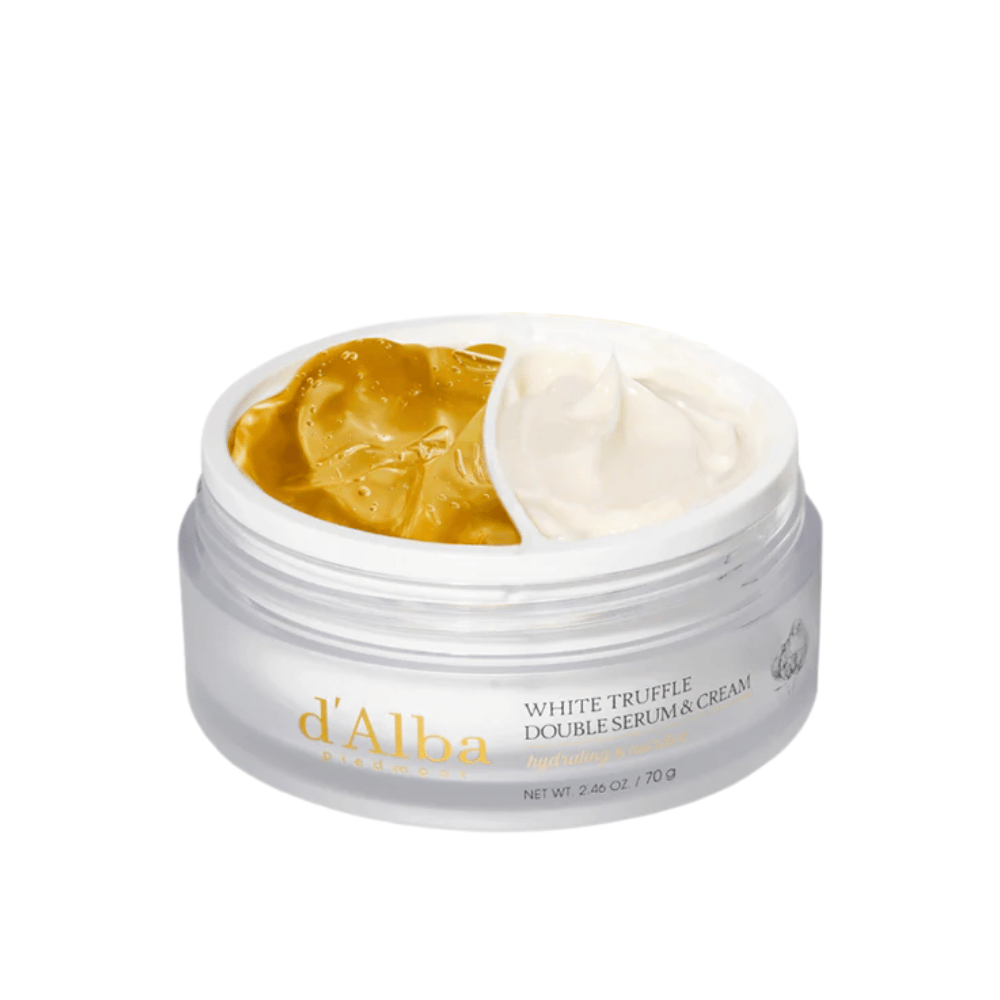 d'Alba White Truffle Double Serum & Cream combines a serum and a cream in a convenient dual-compartment jar. This product provides intense hydration and nourishment thanks to white truffle extract, giving the skin a radiant and firmer feel.