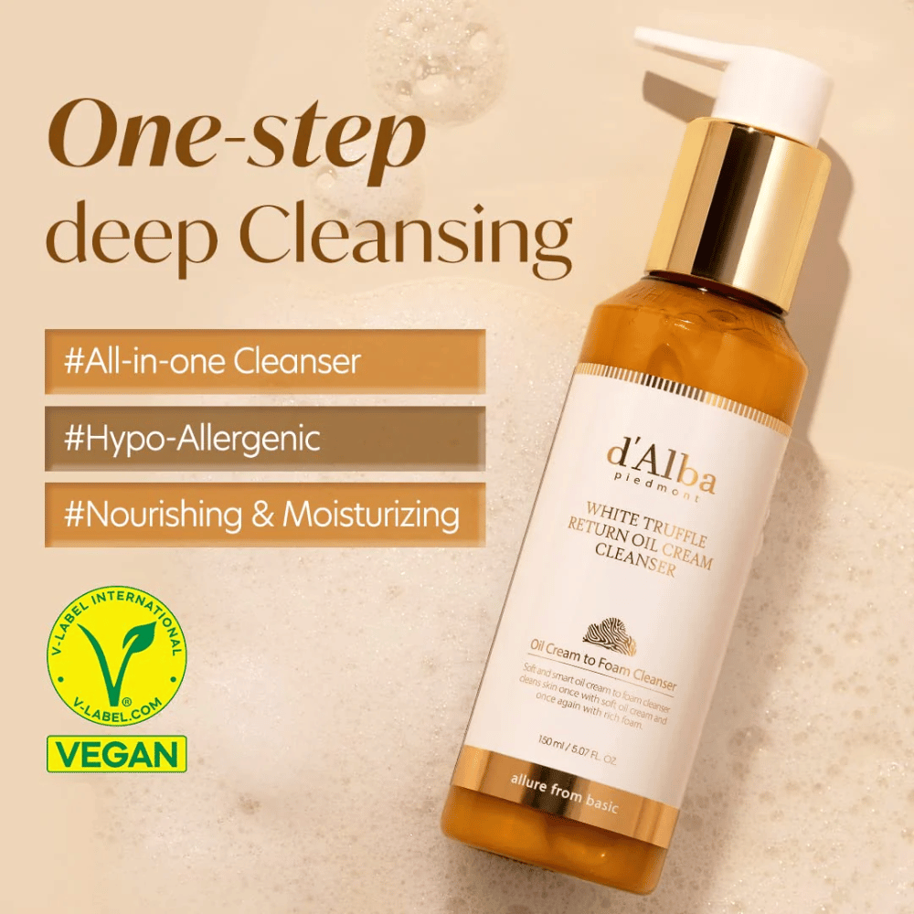 d'Alba White Truffle Return Oil Cream Cleanser is a vegan, hypoallergenic cleansing cream with a one-step deep cleansing. This all-in-one cleanser is nourishing and moisturizing, and transforms from oil to foam to effectively cleanse the skin, leaving it soft and fresh.