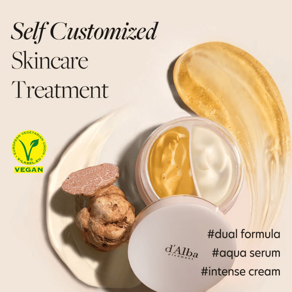 d'Alba White Truffle Double Serum & Cream is a vegan skincare product that offers a personalized skincare experience. It features a dual formula with both an aqua serum and an intensive cream, perfect for hydrating and strengthening the skin.