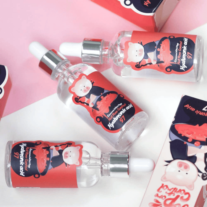 Elizavecca Witch Piggy Hyaluronic Acid 97 serum in group, Korean moisturizing serum for dry skin, dehydrated skin, and improved skin elasticity.