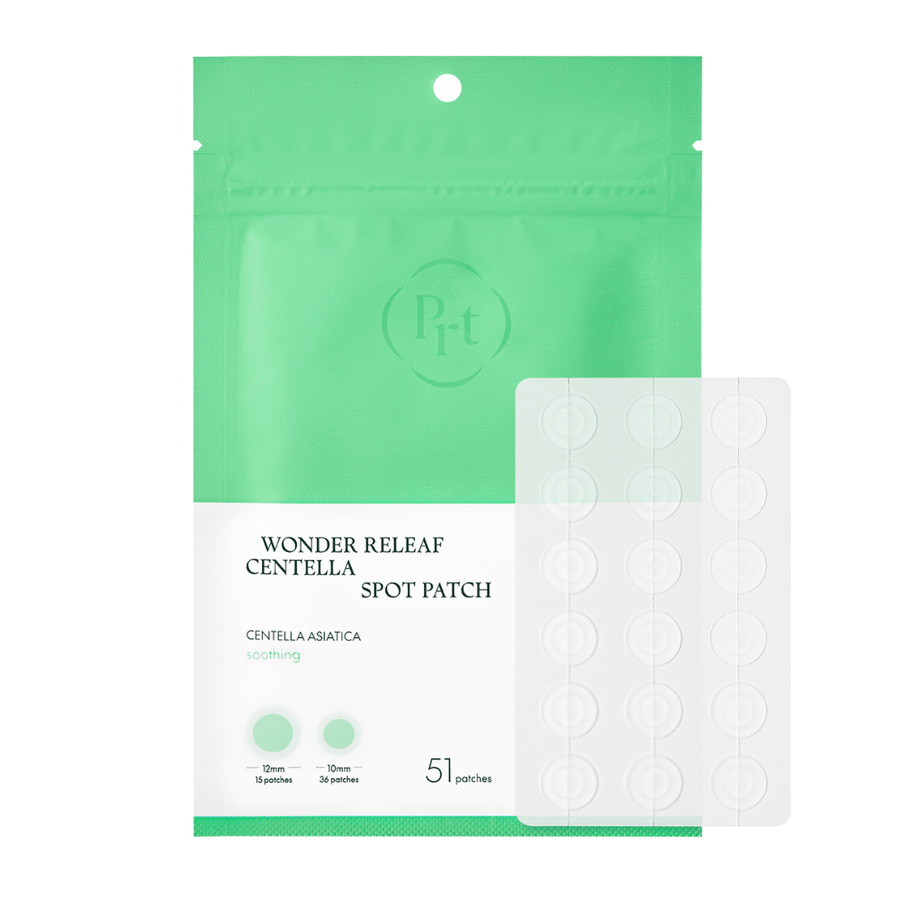 Product image of Purito Wonder Releaf Centella Spot Patch with packaging and 51 transparent acne patches in two sizes for effective spot treatment.