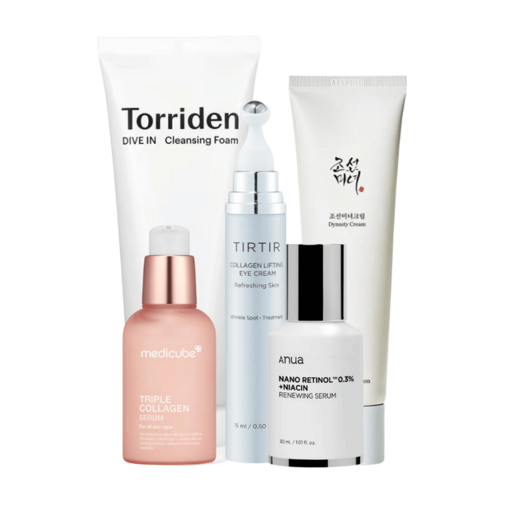 This set, "Youthful Radiance Anti-Aging Kit", includes a range of skincare products to rejuvenate and care for mature skin. The set contains Torriden Dive In Cleansing Foam, Tirtir Collagen Lifting Eye Cream, Medicube Triple Collagen Serum and Anua Nano Retinol 0.3% + Niacin Renewing Serum along with Beauty of Joseon Dynasty Cream.