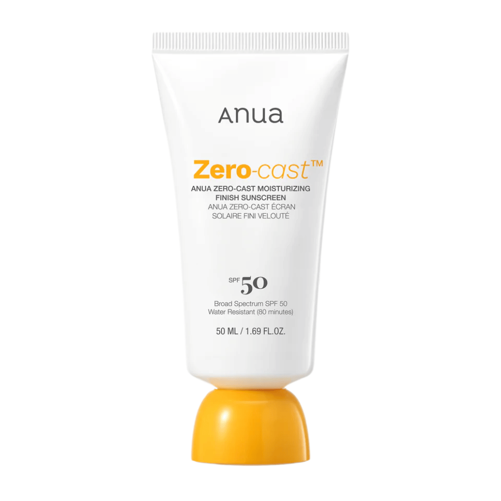 Product image of ANUA Zero-Cast Moisturizing Finish Sunscreen SPF 50 in a white tube with an orange cap, 50 ml. A lightweight sunscreen without white cast, water-resistant up to 80 minutes.