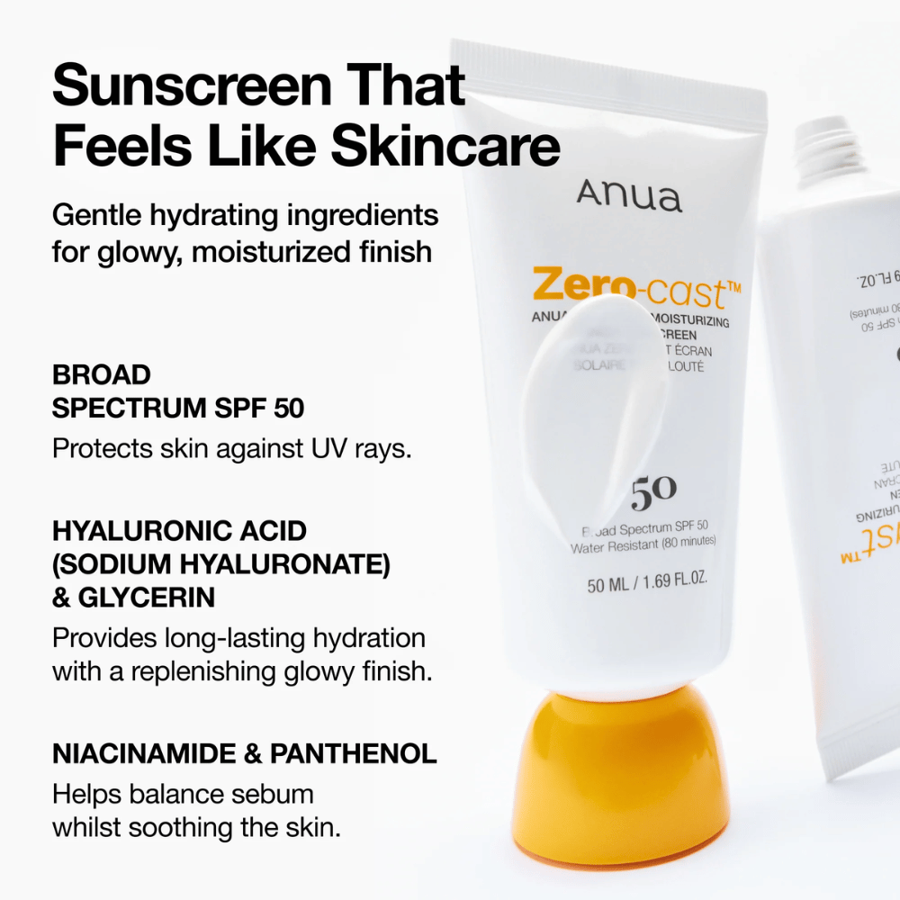 Close-up of ANUA Zero-Cast Moisturizing Sunscreen with SPF 50 – sunscreen in a white tube with an orange cap, showing text about ingredients such as hyaluronic acid, niacinamide, and panthenol for hydrated, protected skin.