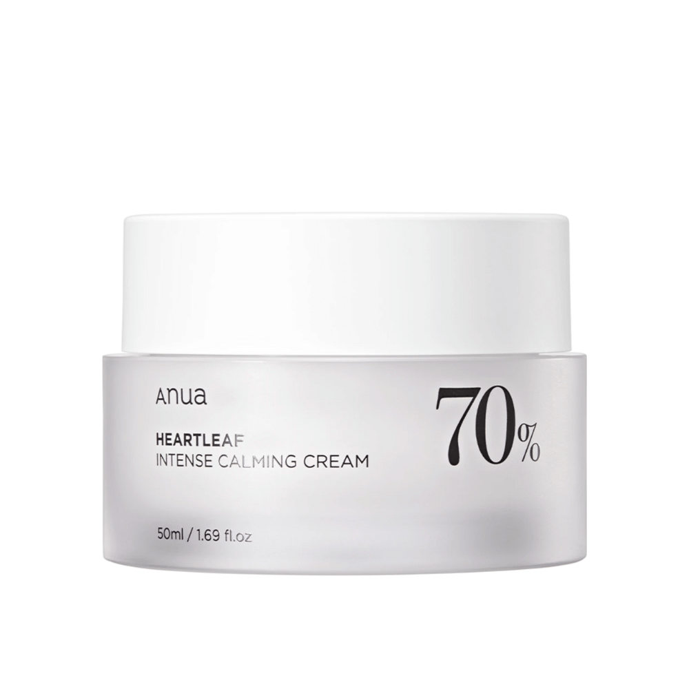 White jar with "Anua Heartleaf Intense Calming Cream" with "70%" marking, labeled with a volume of "50ml/1.69 fl.oz."