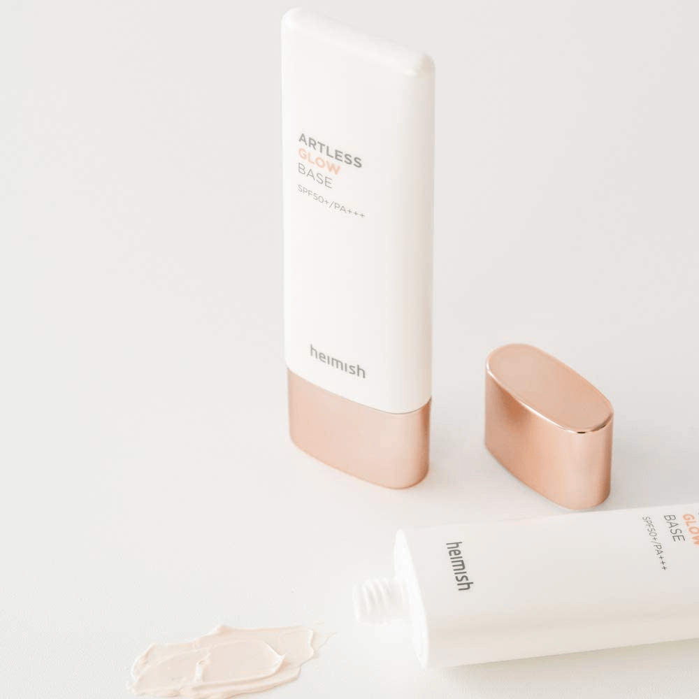 A tube of heimish Artless Glow Base SPF 50+ PA+++ 40ml sunscreen.