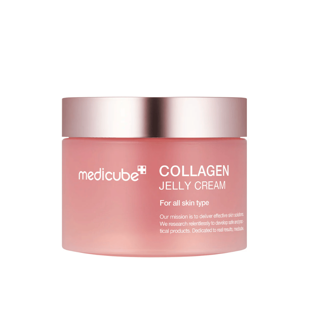 Medicube Collagen Jelly Cream in a pink jar with a silver lid. The product is designed for all skin types and promises effective skincare with a focus on collagen to improve skin elasticity and hydration.