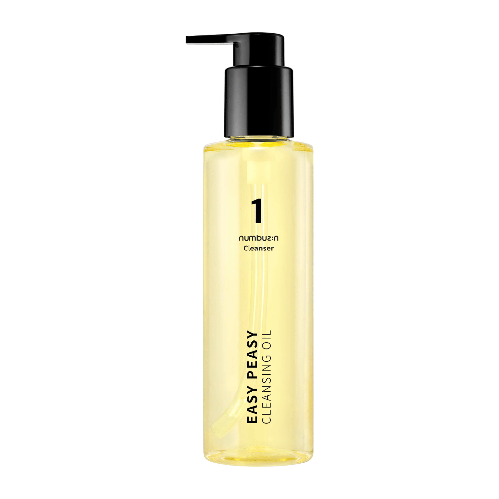 Product image of Numbuzin No.1 Easy Peasy Cleansing Oil, transparent pump bottle with black cap against a white background.