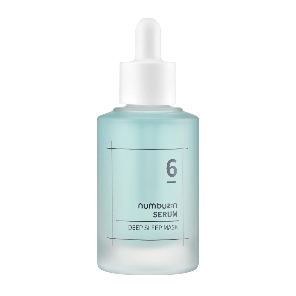 numbuzin No. 6 Deep Sleep Mask Serum in a blue frosted bottle with a dropper, designed for deeply moisturizing skincare.
