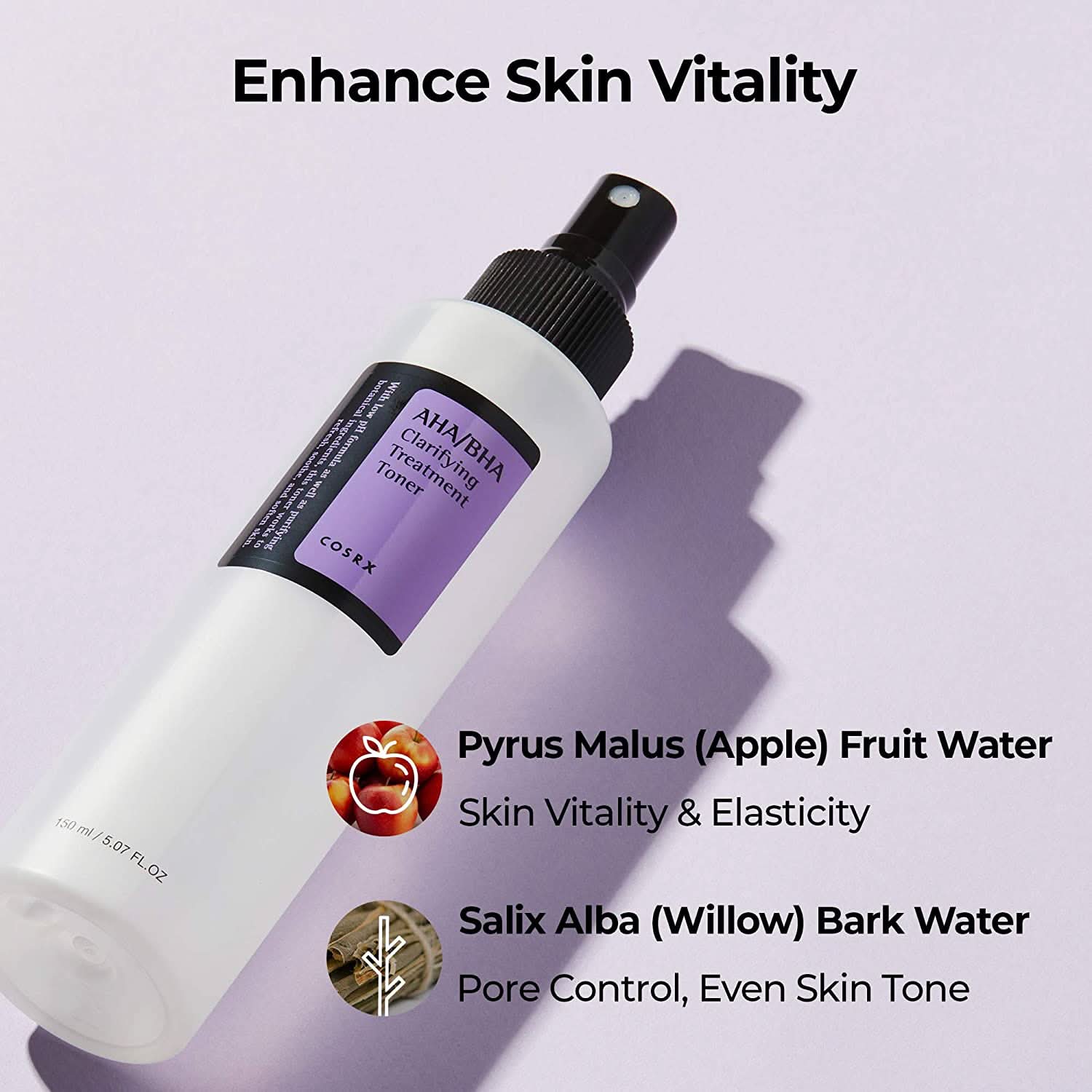 A bottle of COSRX AHA/BHA Clarifying Treatment Toner 150ml targeted at blackheads.