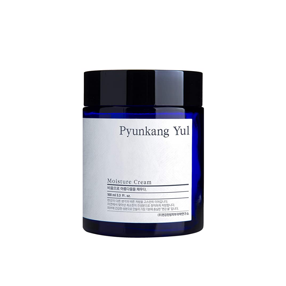 A jar Pyunkang Yul Moisture Cream 100ml on a white background with moisturizing properties.