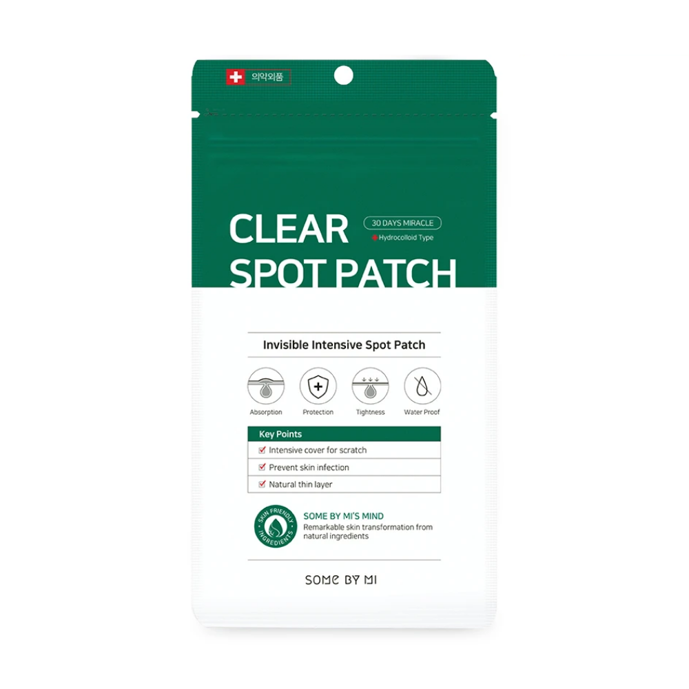 A Some By Mi 30 Days Miracle Clear Spot Patch (18pcs) on a white background for acne with the ability to absorb wound fluid.