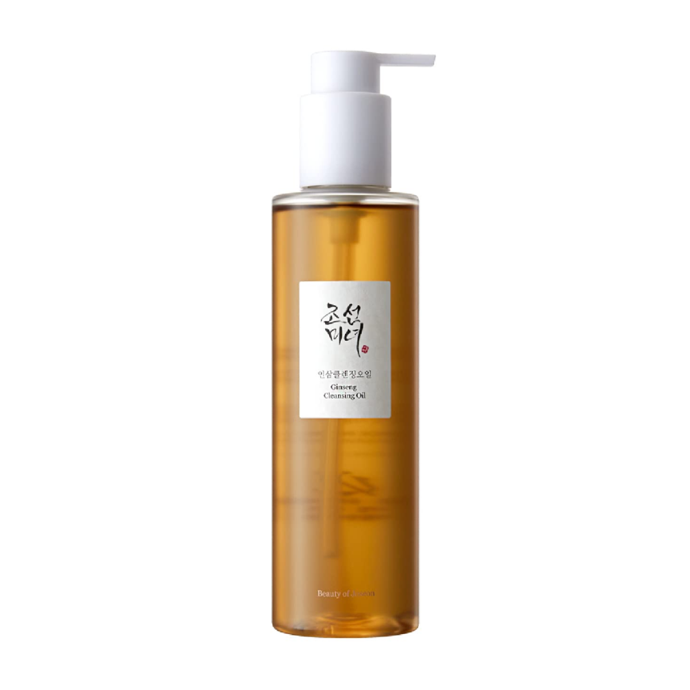 A bottle of Beauty of Joseon Ginseng Cleansing Oil 210ml on a white background, with ginseng seed oil.