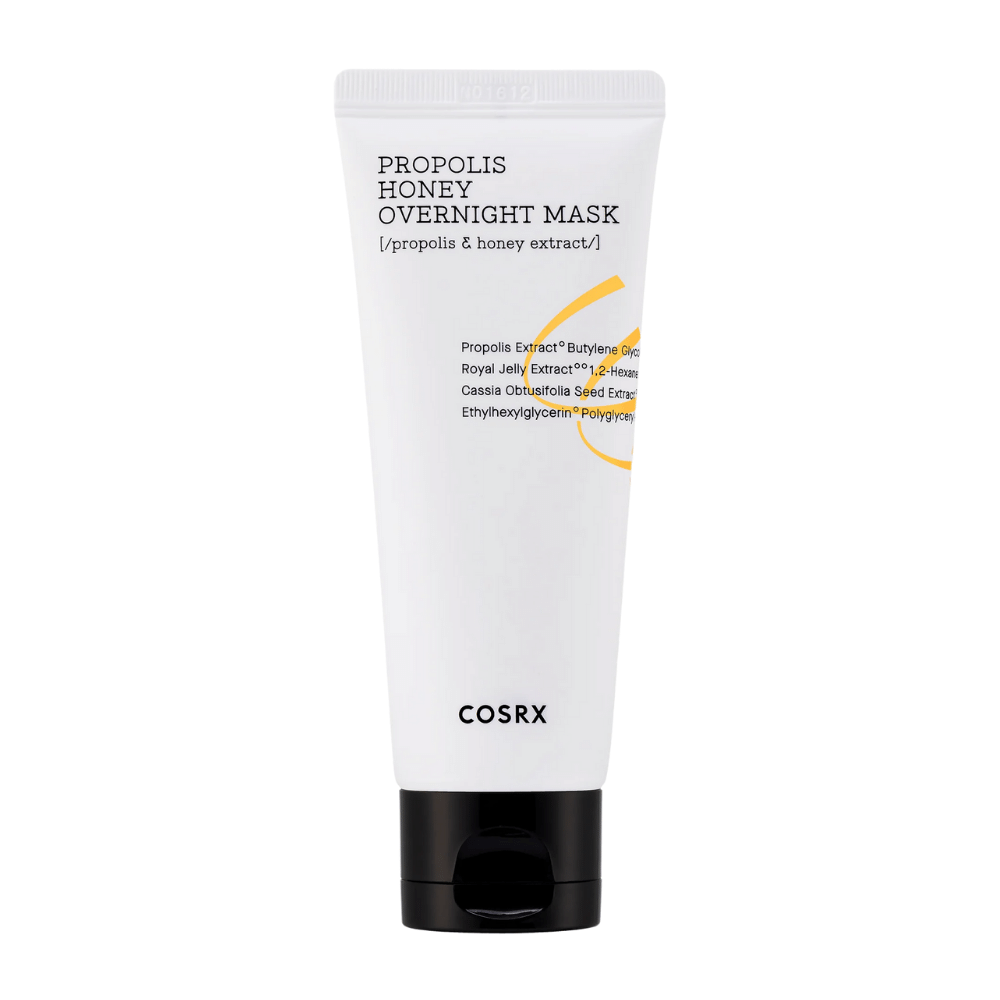 A white tube with Full Fit Propolis Honey Overnight Mask 60 ml with a white background infused with propolis extract from COSRX.