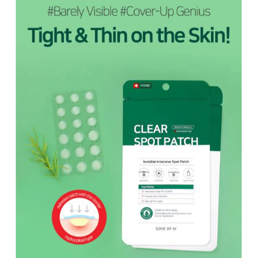 A white 30 Days Miracle Clear Spot Patch (18pcs) on a clear background, suitable for managing acne and wound exudate. Brand: SOME BY MI