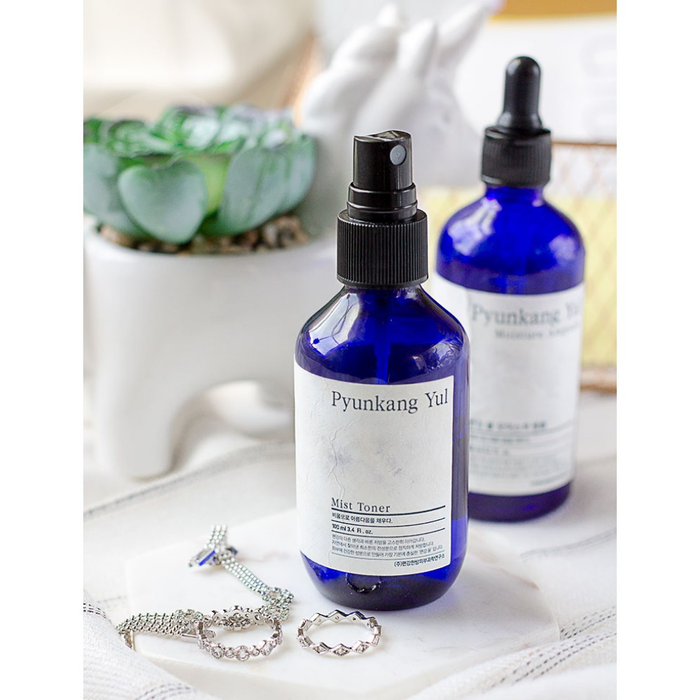 A bottle of Pyunkang Yul Mist Toner, an allergy-friendly toner, on a table next to a cactus.