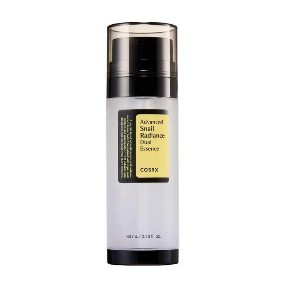 COSRX Advanced Snail Radiance Dual Essence 80ml helps reduce acne and promotes clear skin with its triple snail complex and niacinamide.